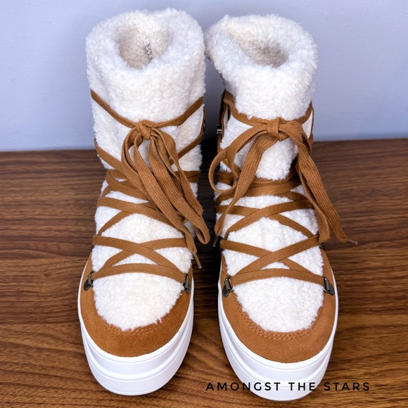 J/Slides Newbie Tan Suede Leather Faux Shearling Platform Booties Boots - Picture 7 of 10